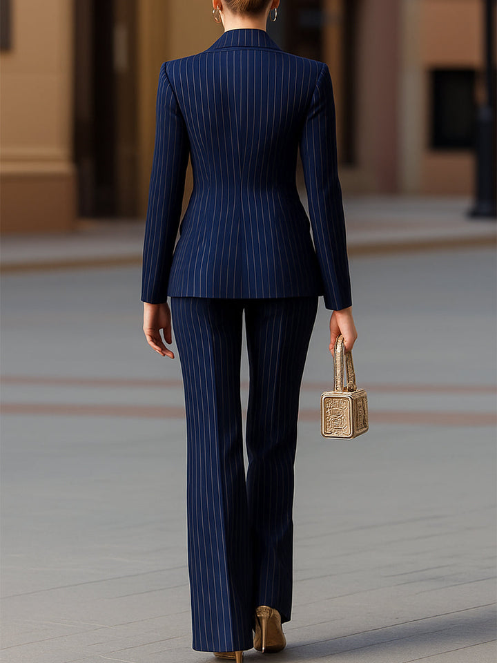 MYCA | WOMEN’S ELEGANT NAVY PINSTRIPE DOUBLE-BREASTED SUIT SET