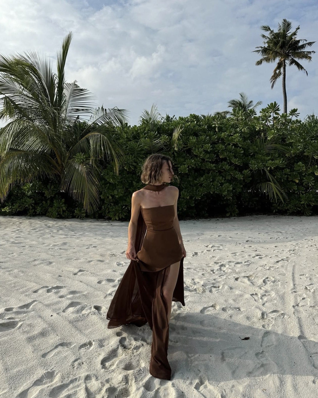 LOTTIE | STRAPLESS ASYMMETRICAL MESH MAXI DRESS