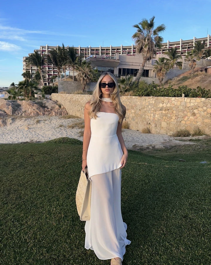 LOTTIE | STRAPLESS ASYMMETRICAL MESH MAXI DRESS