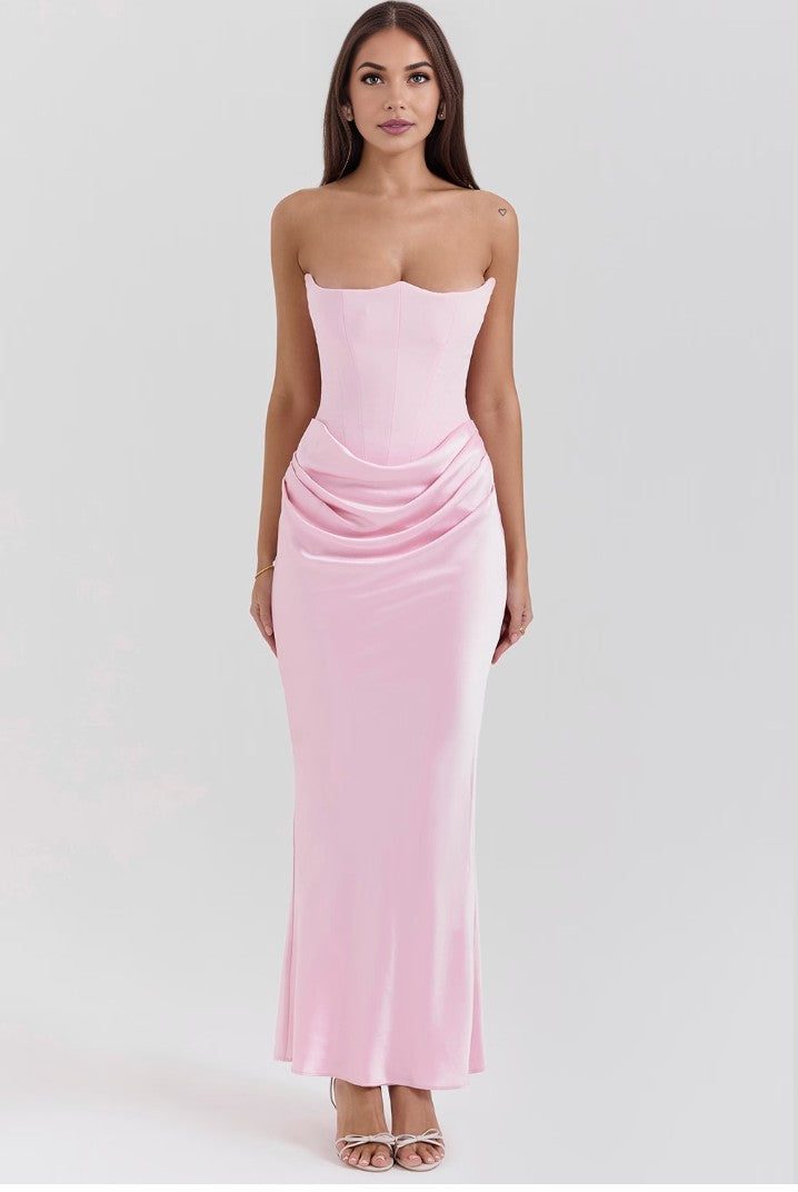 CHESCA | ELEGANT SATIN STRAPLESS MAXI DRESS