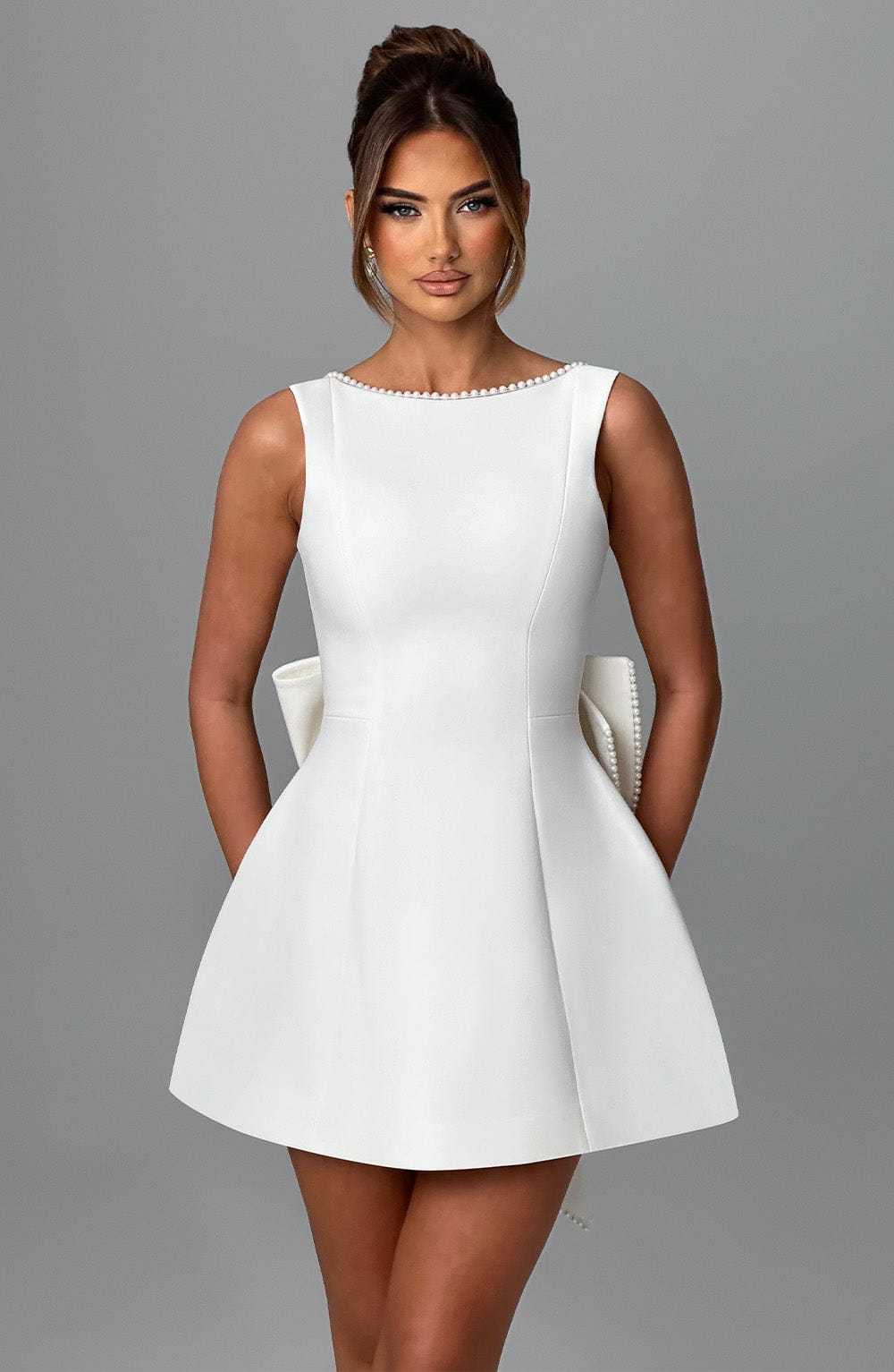 ALYSSA | ELEGANT PEARL BOW MINI DRESS