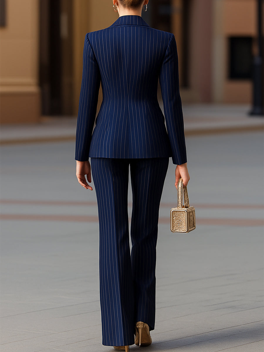 MYCA | WOMEN’S ELEGANT NAVY PINSTRIPE DOUBLE-BREASTED SUIT SET