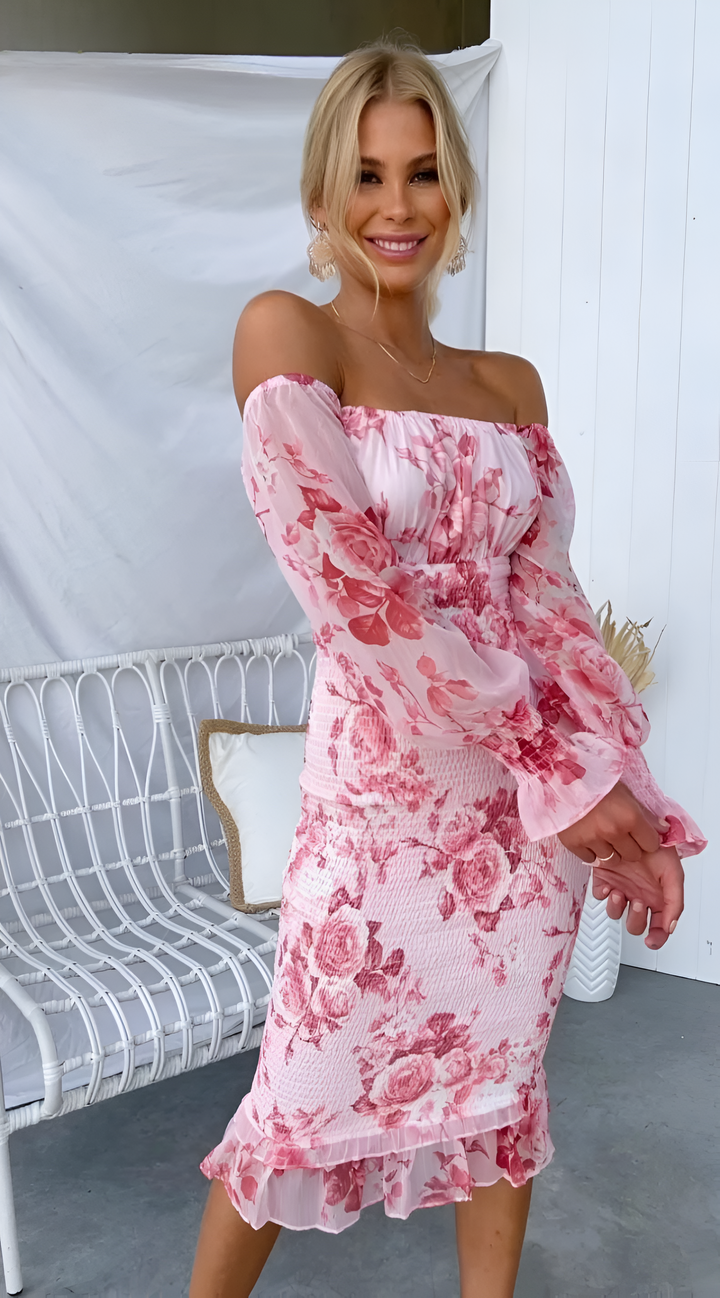 ELLEN | FLORAL OFF-SHOULDER MIDI DRESS