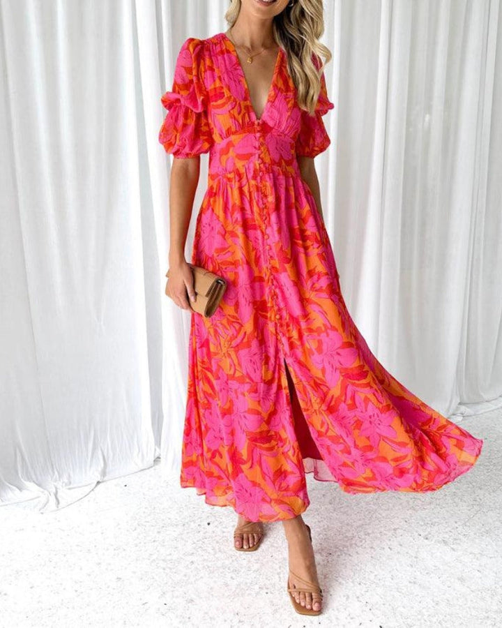 FATIMA | PUFF SLEEVE V-NECK MAXI DRESS