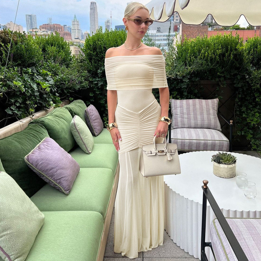 JENNIFER | OFF-SHOULDER PLEATED MESH MAXI DRESS