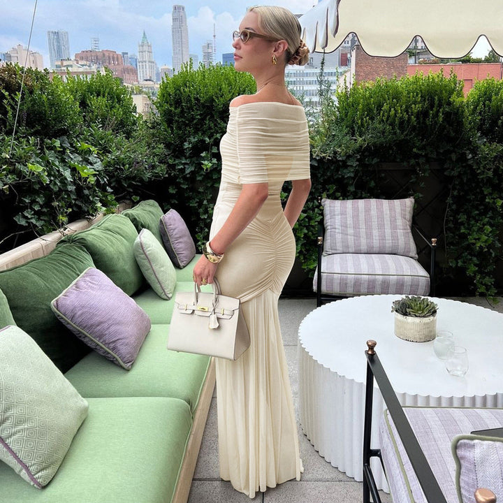 JENNIFER | OFF-SHOULDER PLEATED MESH MAXI DRESS