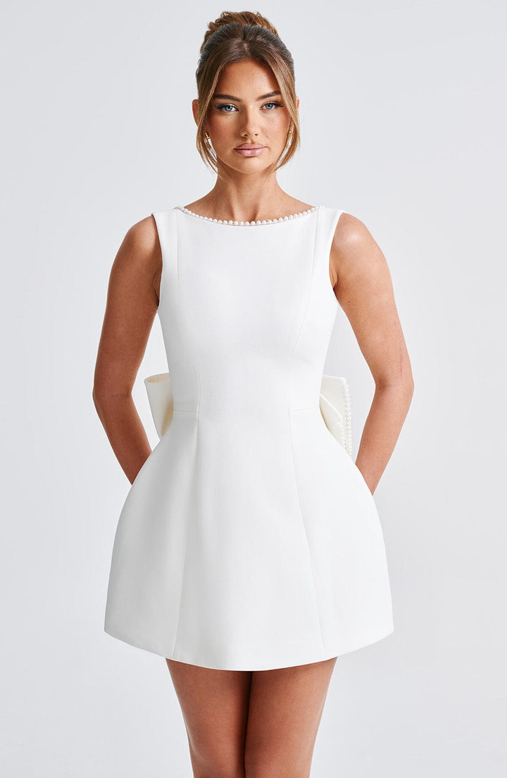 ALYSSA | ELEGANT PEARL BOW MINI DRESS