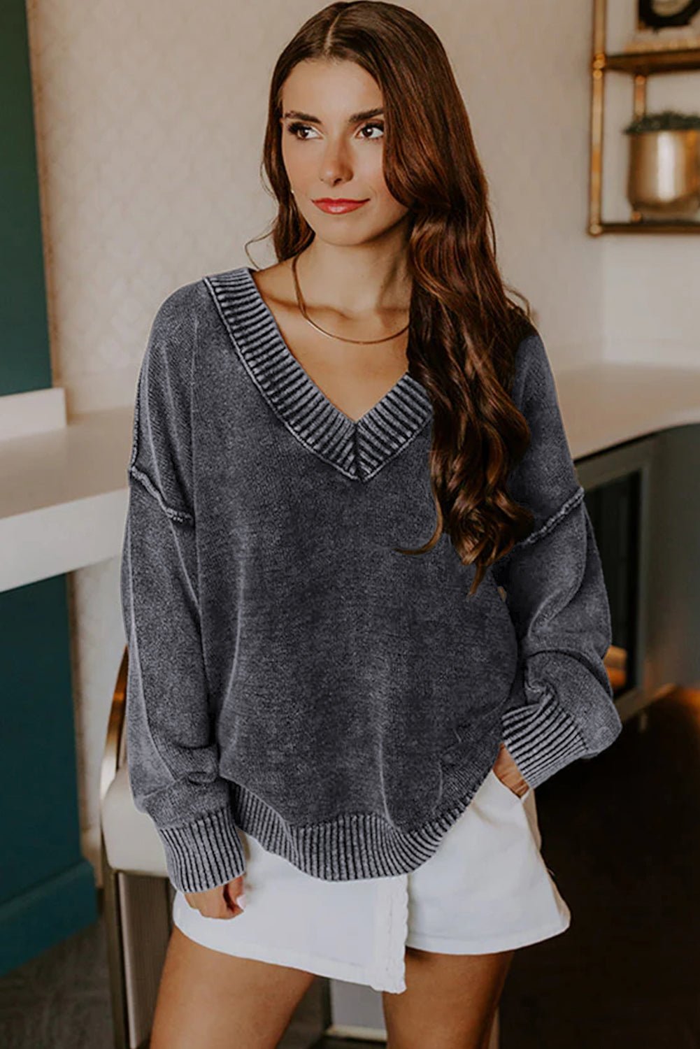 ROSELYN | MINERAL WASHED V-NECK SWEATER